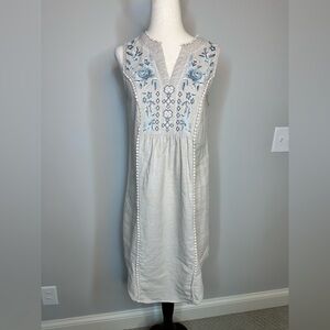 Sz XS Knox Rose sleeveless dress linen blend cross stitch floral shirt dress